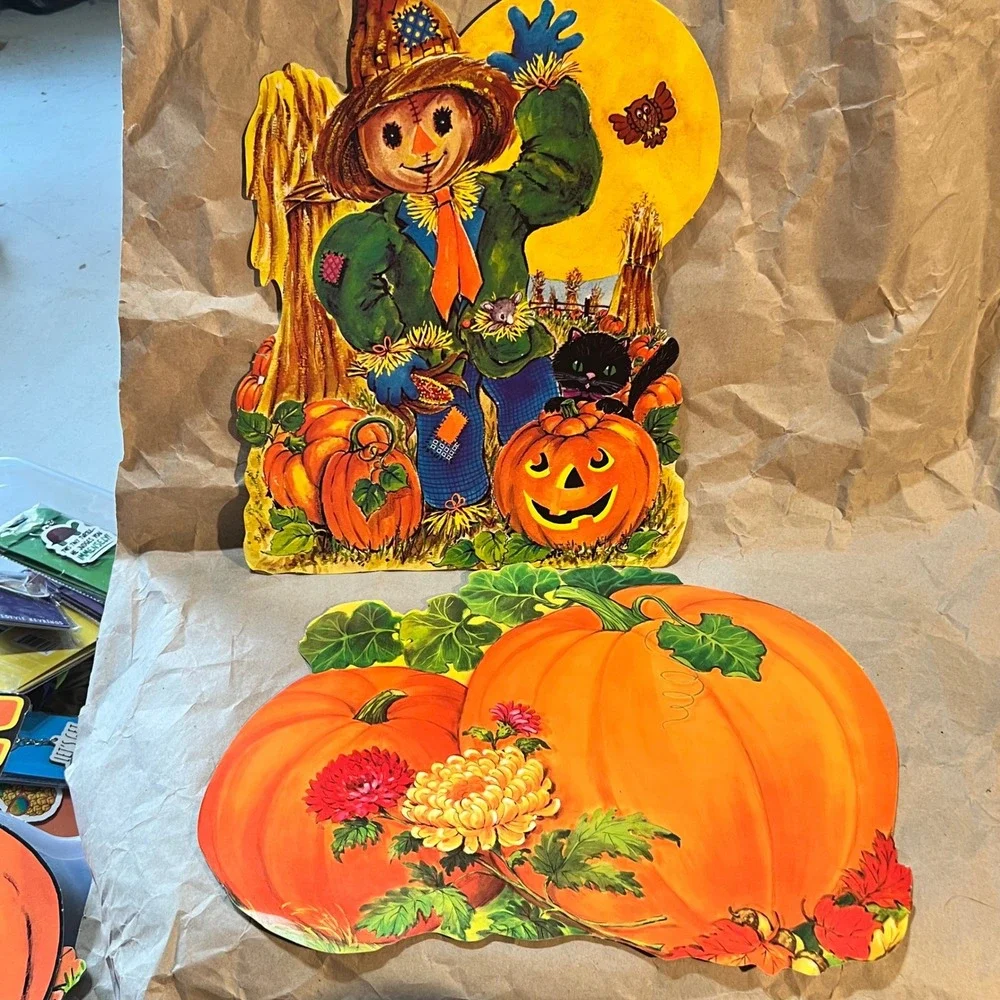 Vintage Halloween Die Cut Decorations Scarecrow Pumpkin Cat Orange Fall Lot 2pc